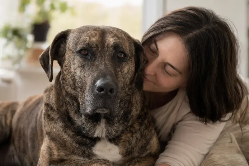 Nahaufnahme eines Alano Hundes mit aufmerksamem Blick, der Vertrauen und Freundlichkeit ausstrahlt.